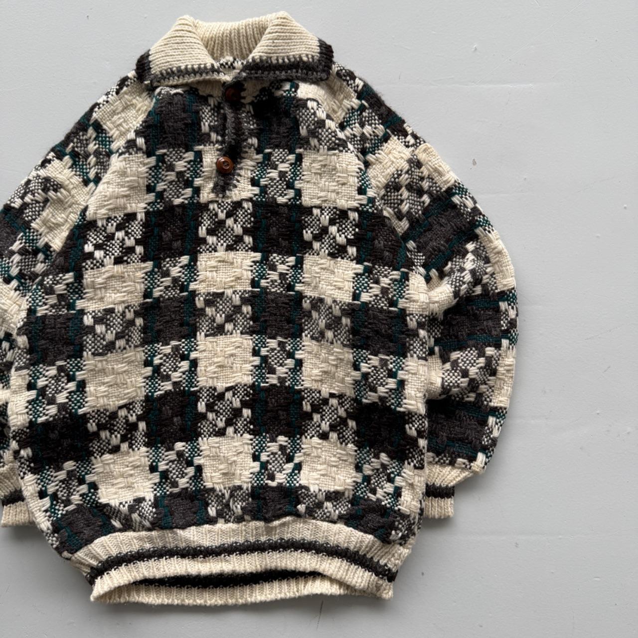 Cream Check Knitted 90s Vintage Knit Polo Sweatshirt - Large