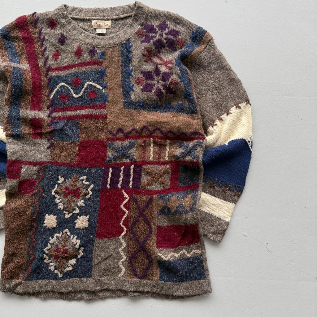 Brown Woollen 90's Vintage Patchwork Pattern Knit Jumper - Mens Large - Womens 12