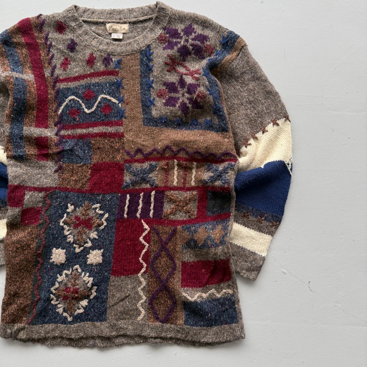 Brown Woollen 90's Vintage Patchwork Pattern Knit Jumper - Mens Large - Womens 12