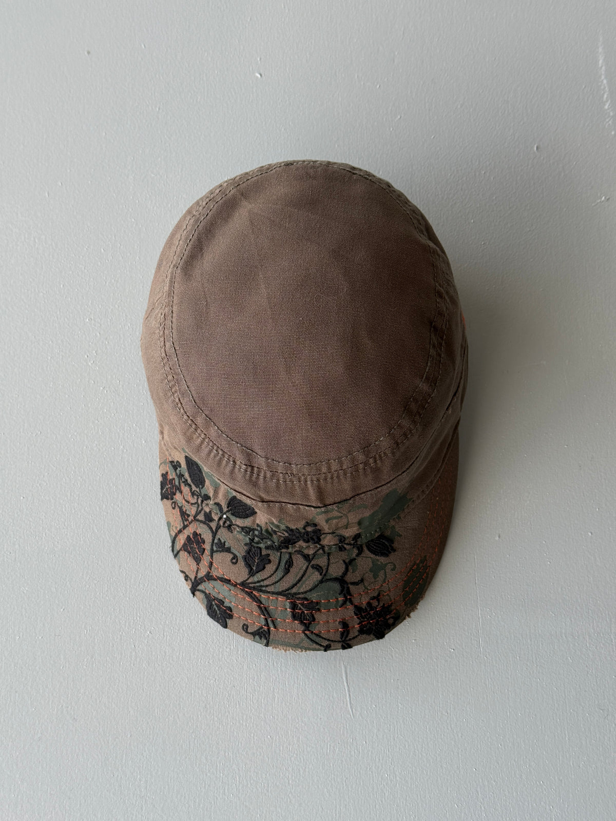 Brown Floral Embroidered Y2K Cadet Cap Military Style 00's Grunge Aesthetic
