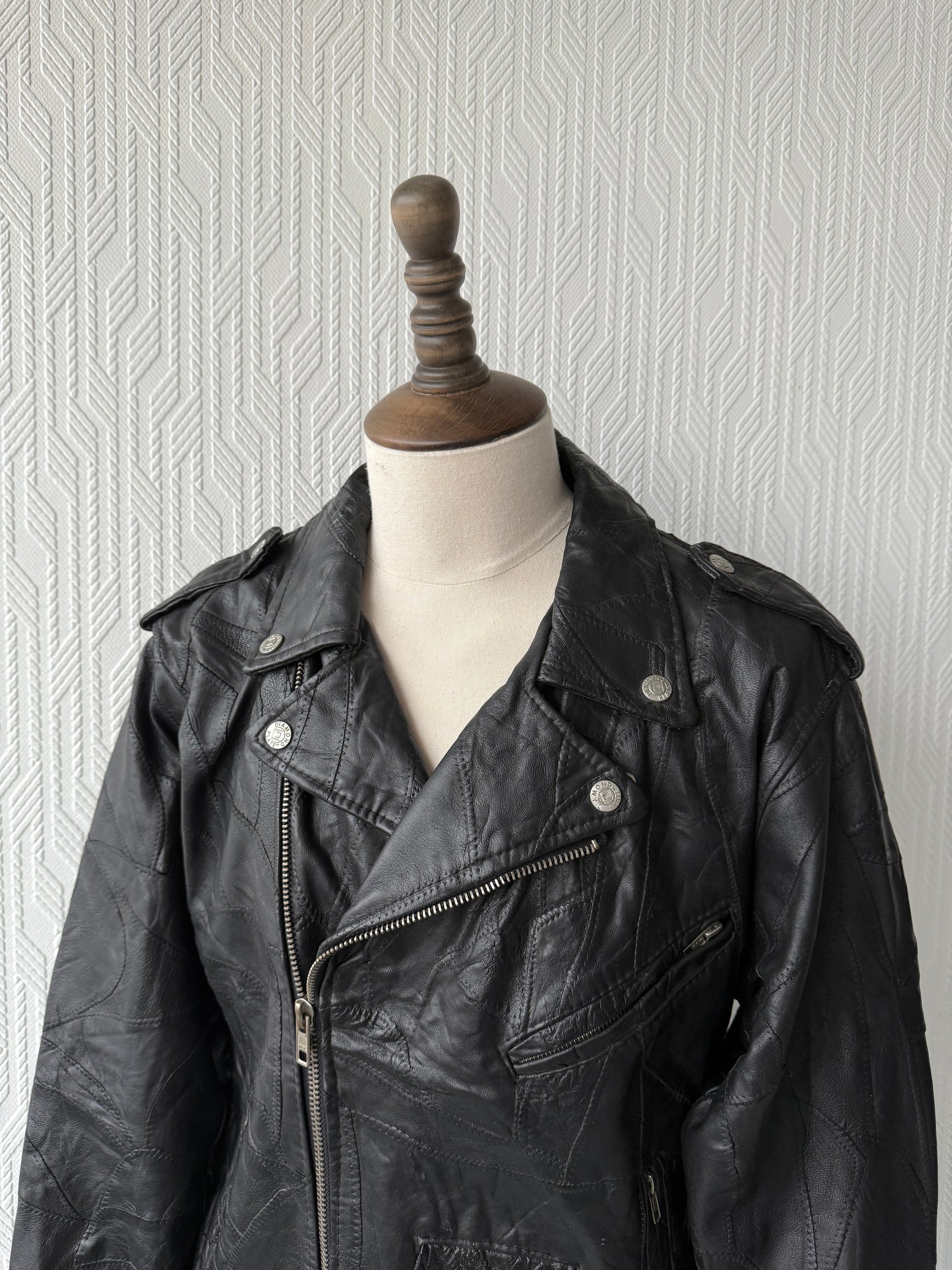 Black 80's Vintage Leather Biker Jacket- Medium