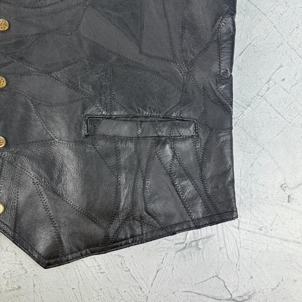 Black Leather 90s Patchwork Biker Waistcoat - Large