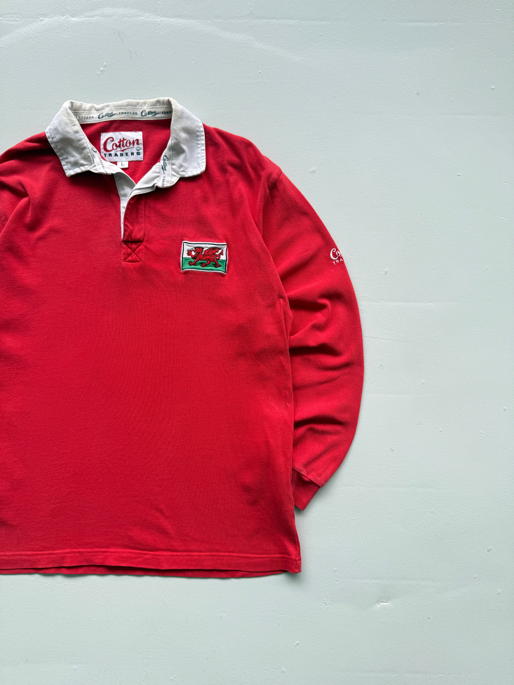 Red Wales Rugby 90's Vintage Cotton Traders Long Sleeve Polo Jersey - Medium