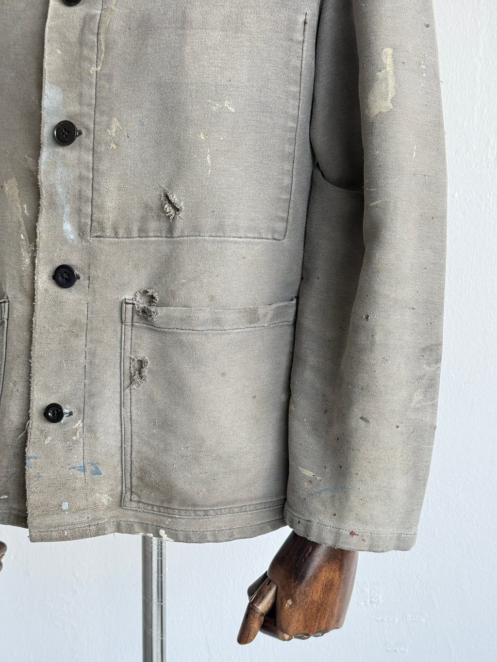 Thrashed Grey French Moleskin 1960s/70s Vintage Chore Jacket CH538 - Small