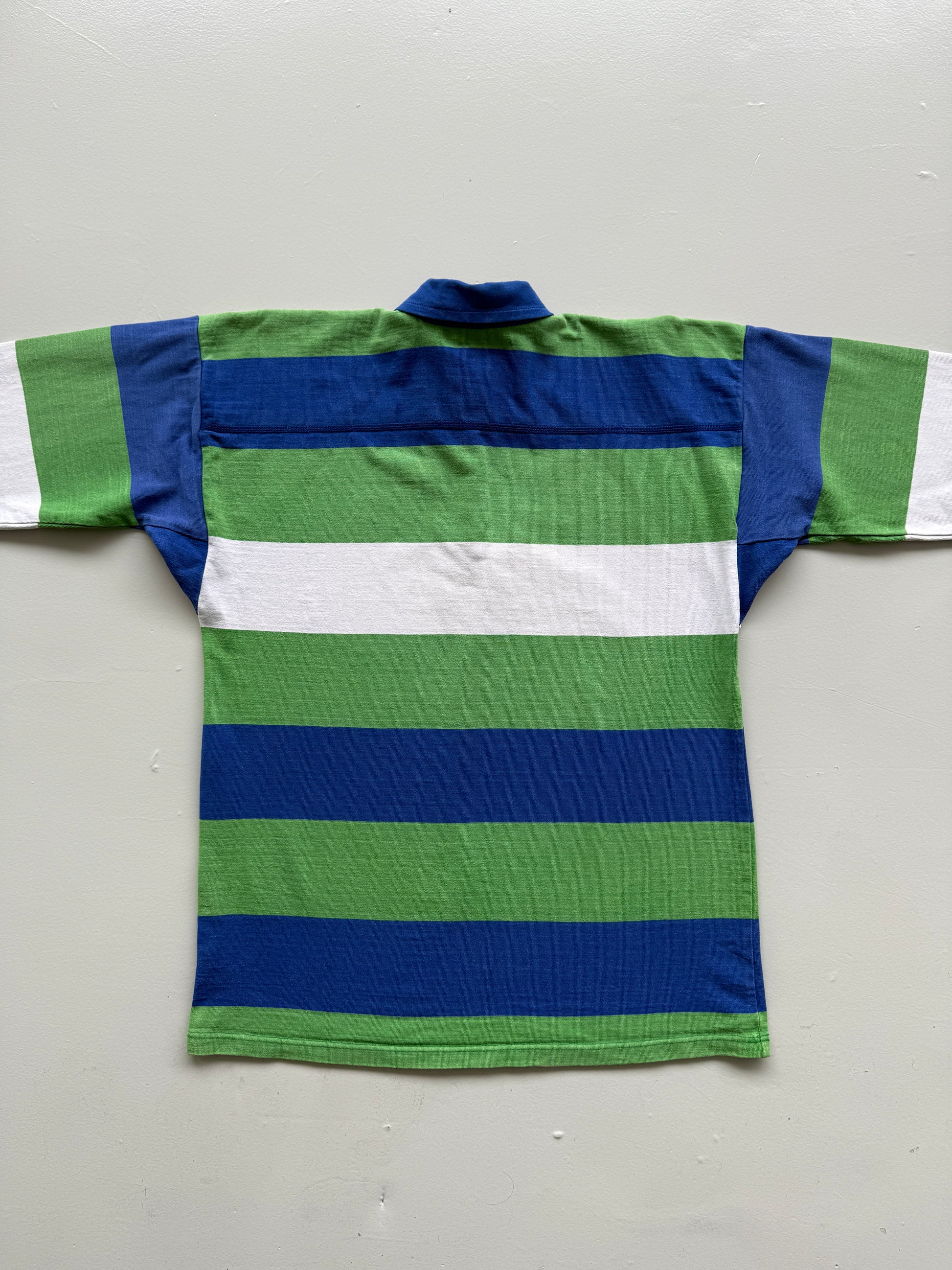 Green Striped French Rugby 90's Vintage Long Sleeve Polo Jersey - Large