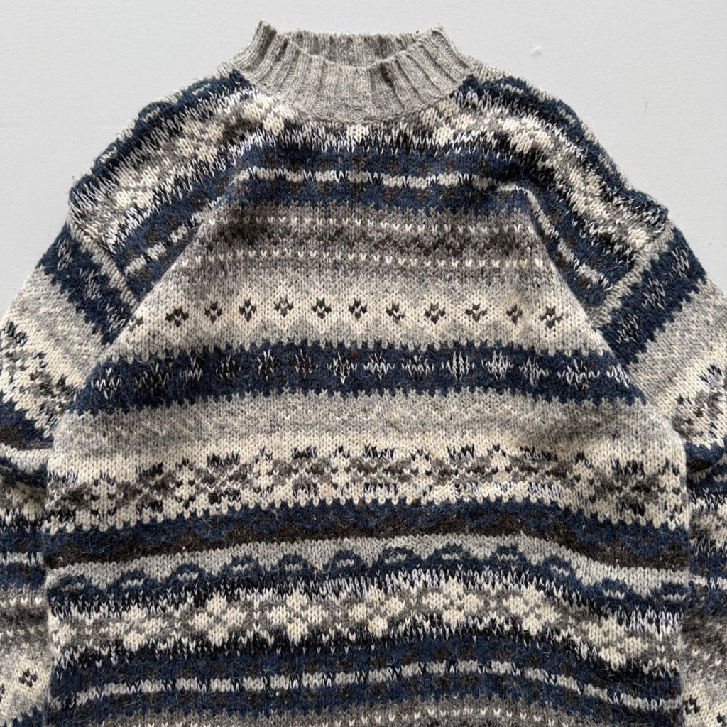 Blue Stripe Knitted 90s Vintage Knit Mock Neck Jumper - Medium
