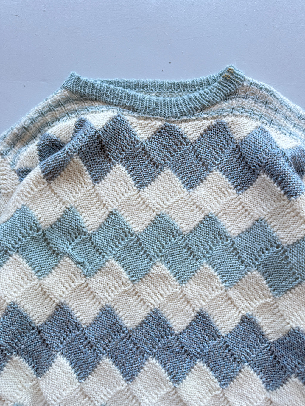 Cream Blue Argyle Knitted Vintage 90's Jumper - Medium