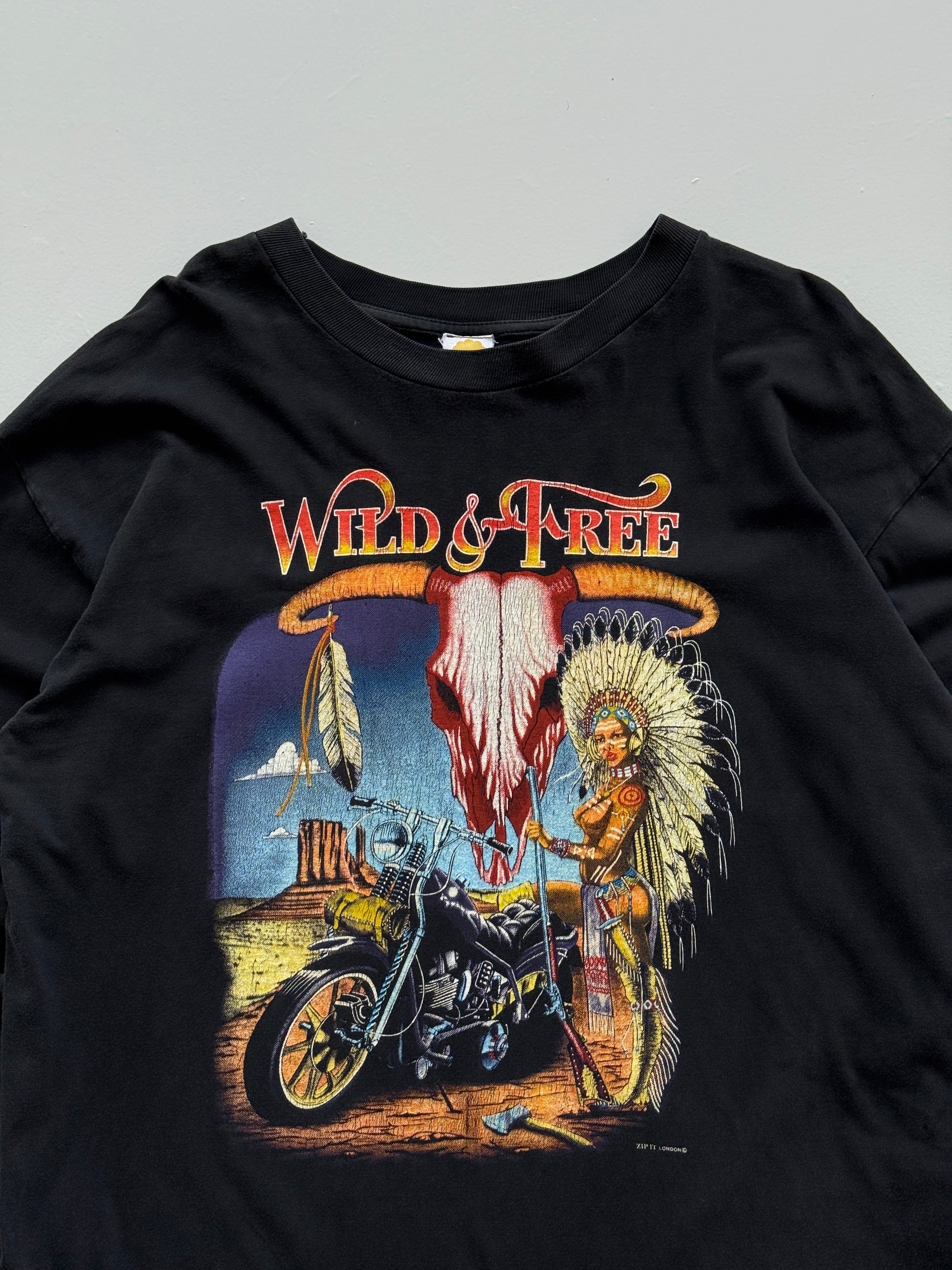 Black Wild and Free 90's Vintage Long Sleeve Biker Graphic T-Shirt - Large
