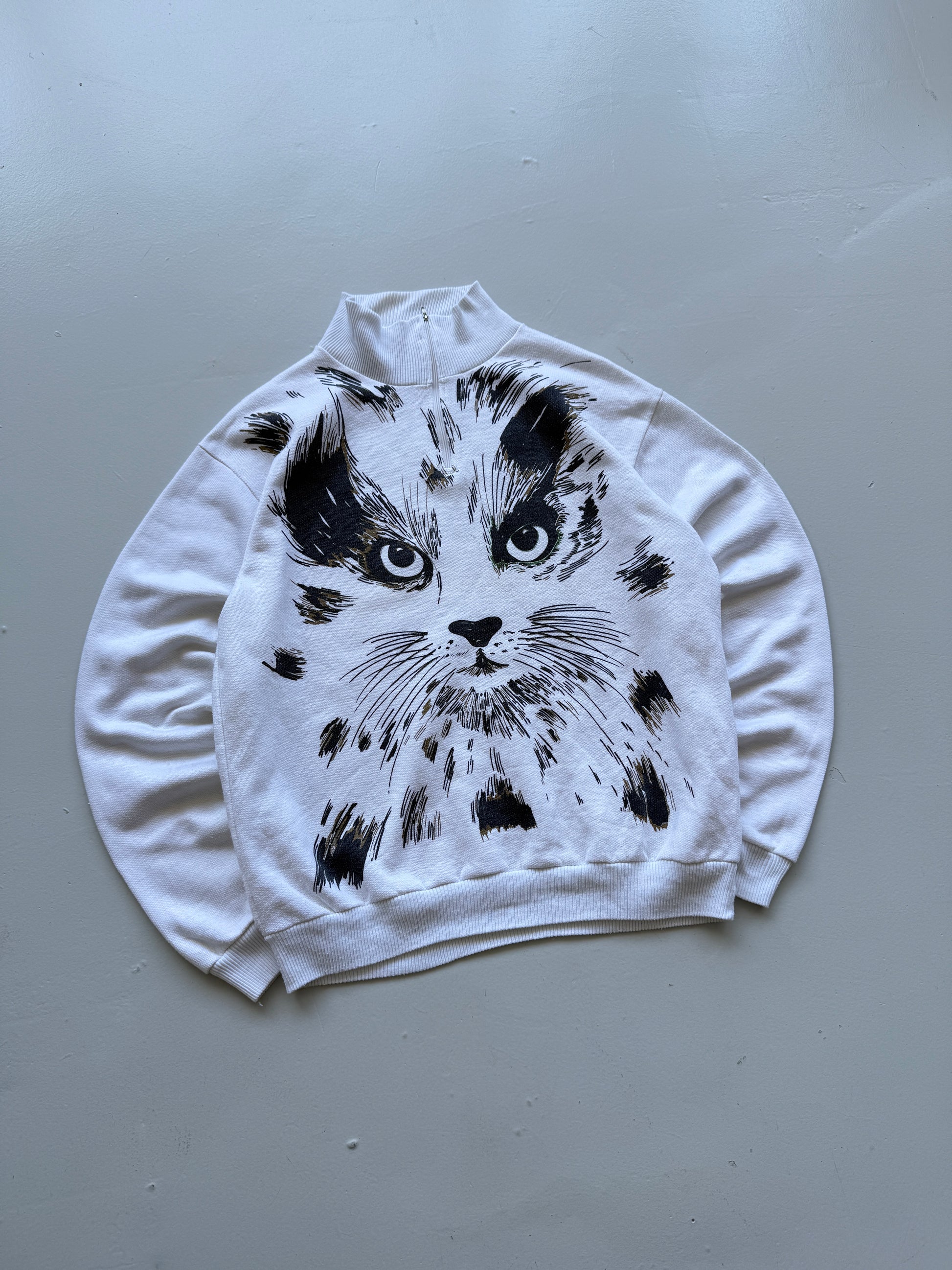 White Cat Graphic 80's Vintage Quarter Zip Sweatshirt - Medium