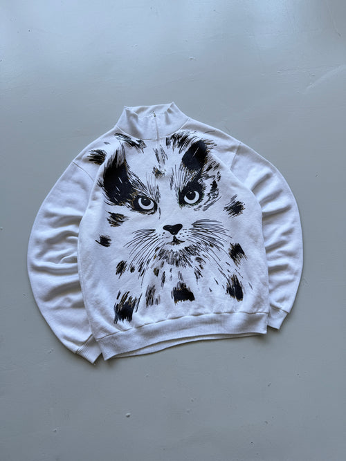 White Cat Graphic 80's Vintage Quarter Zip Sweatshirt - Medium