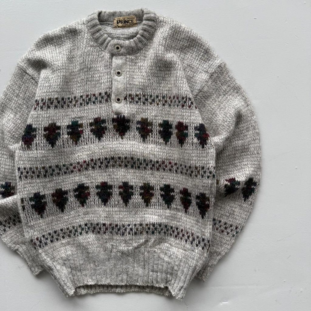 Grey Pattern Knit 80s Vintage Wool Sweatshirt - Medium