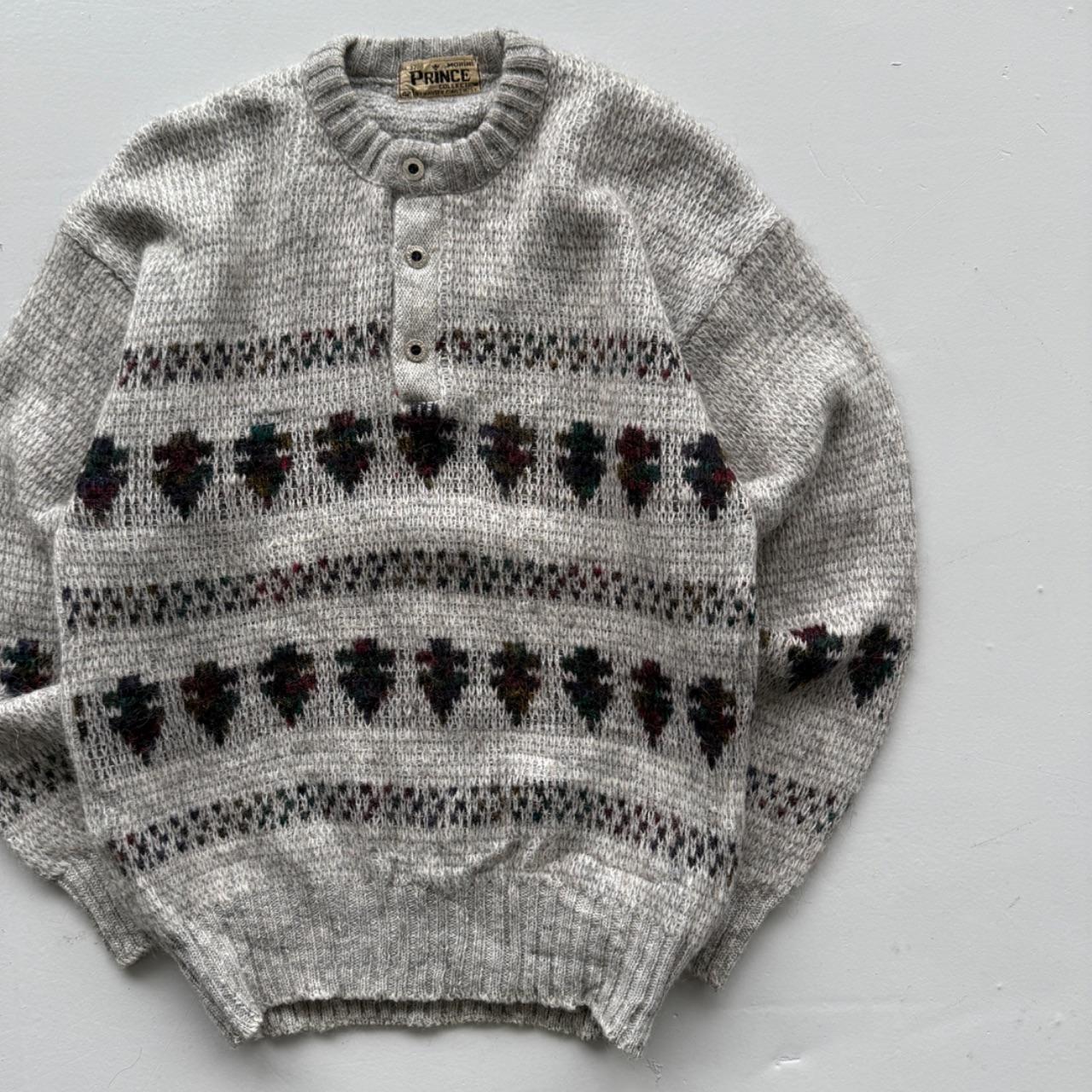 Grey Pattern Knit 80s Vintage Wool Sweatshirt - Medium