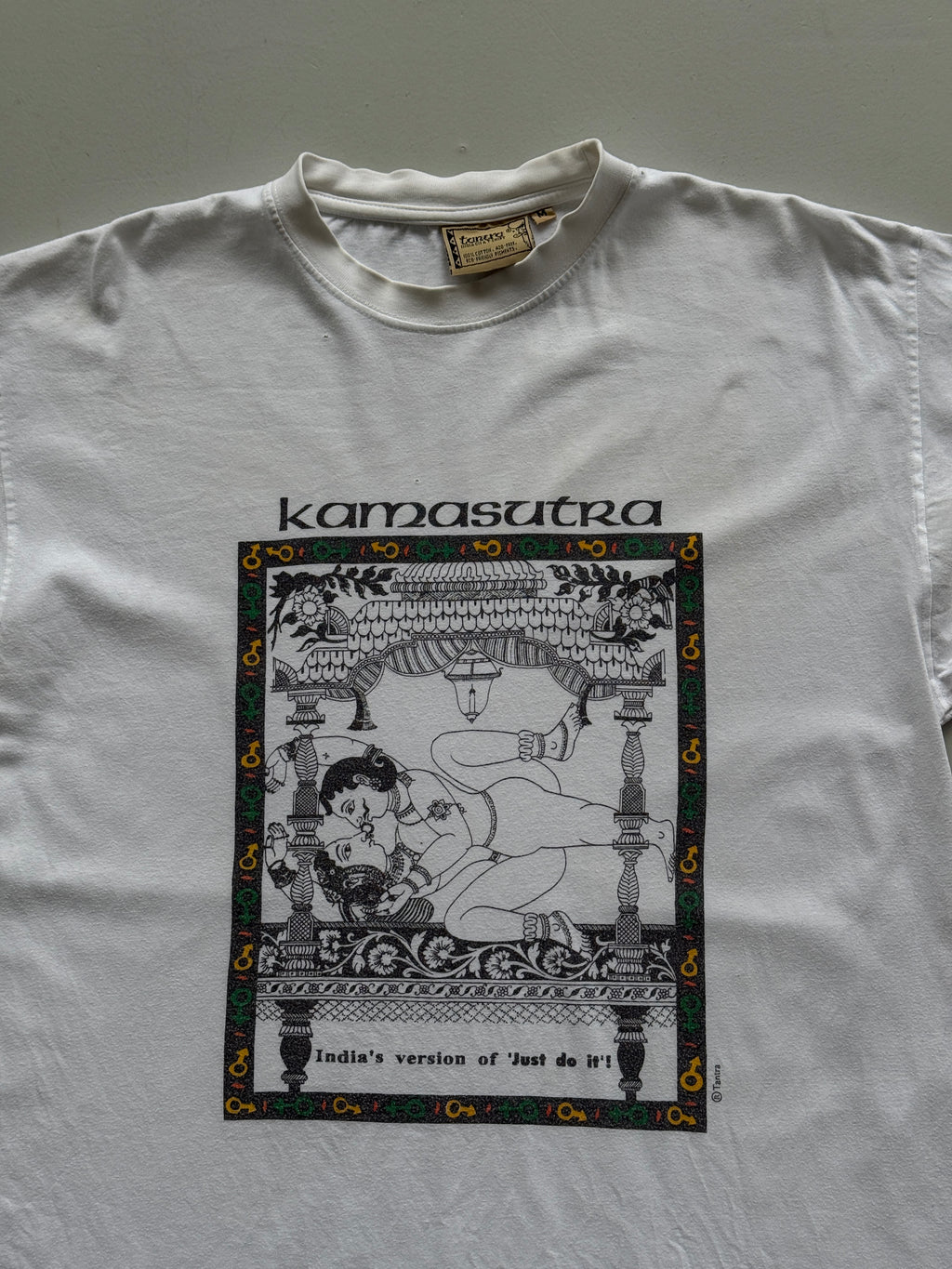 White Karmasutra 00's Vintage Graphic Novelty Slogan T-Shirt - Medium