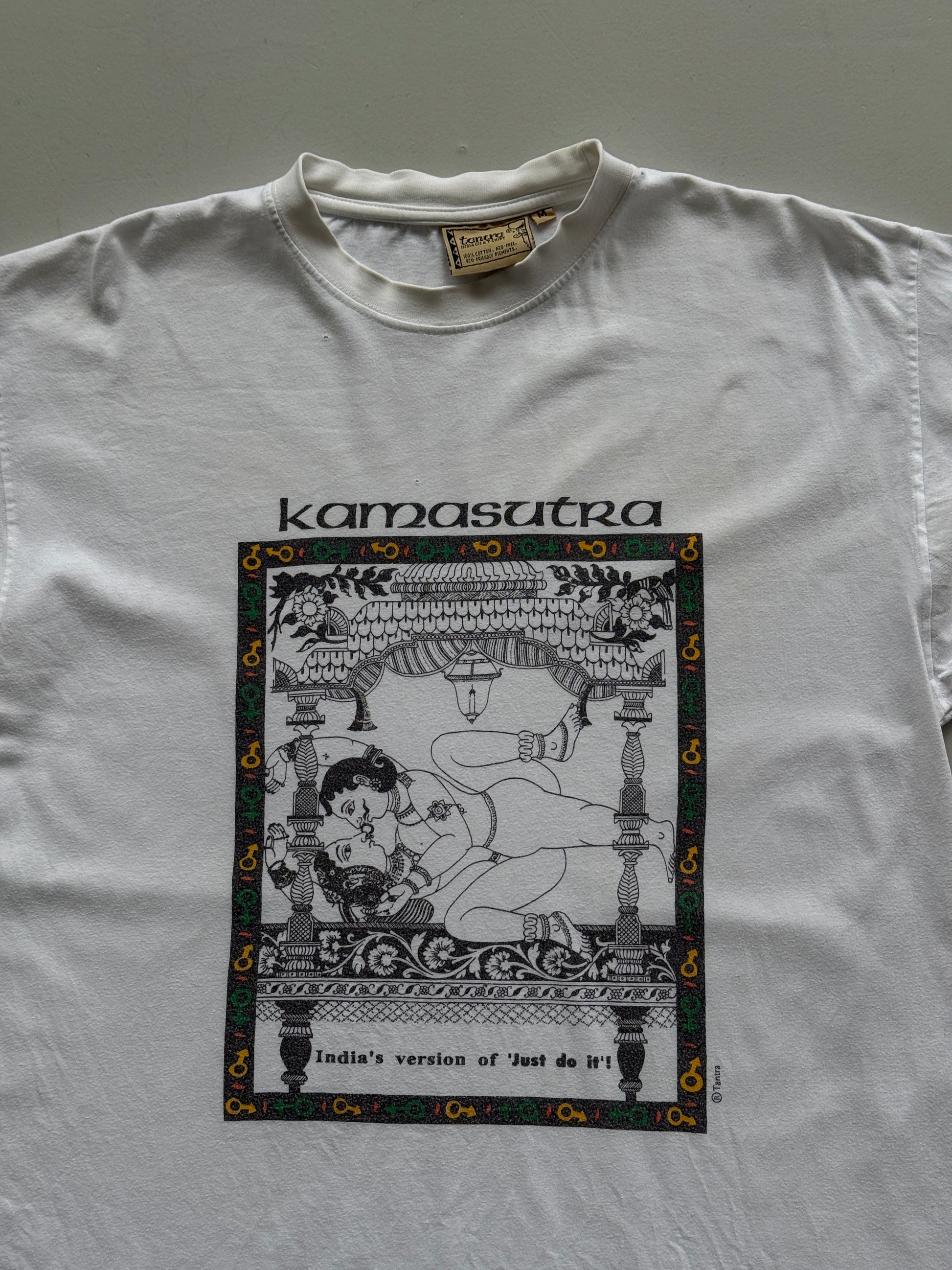 White Karmasutra 00's Vintage Graphic Novelty Slogan T-Shirt - Medium