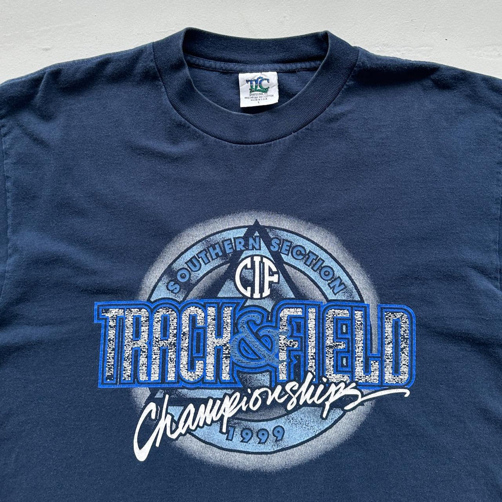 Navy Track and Field 90s Vintage T-shirt - Large