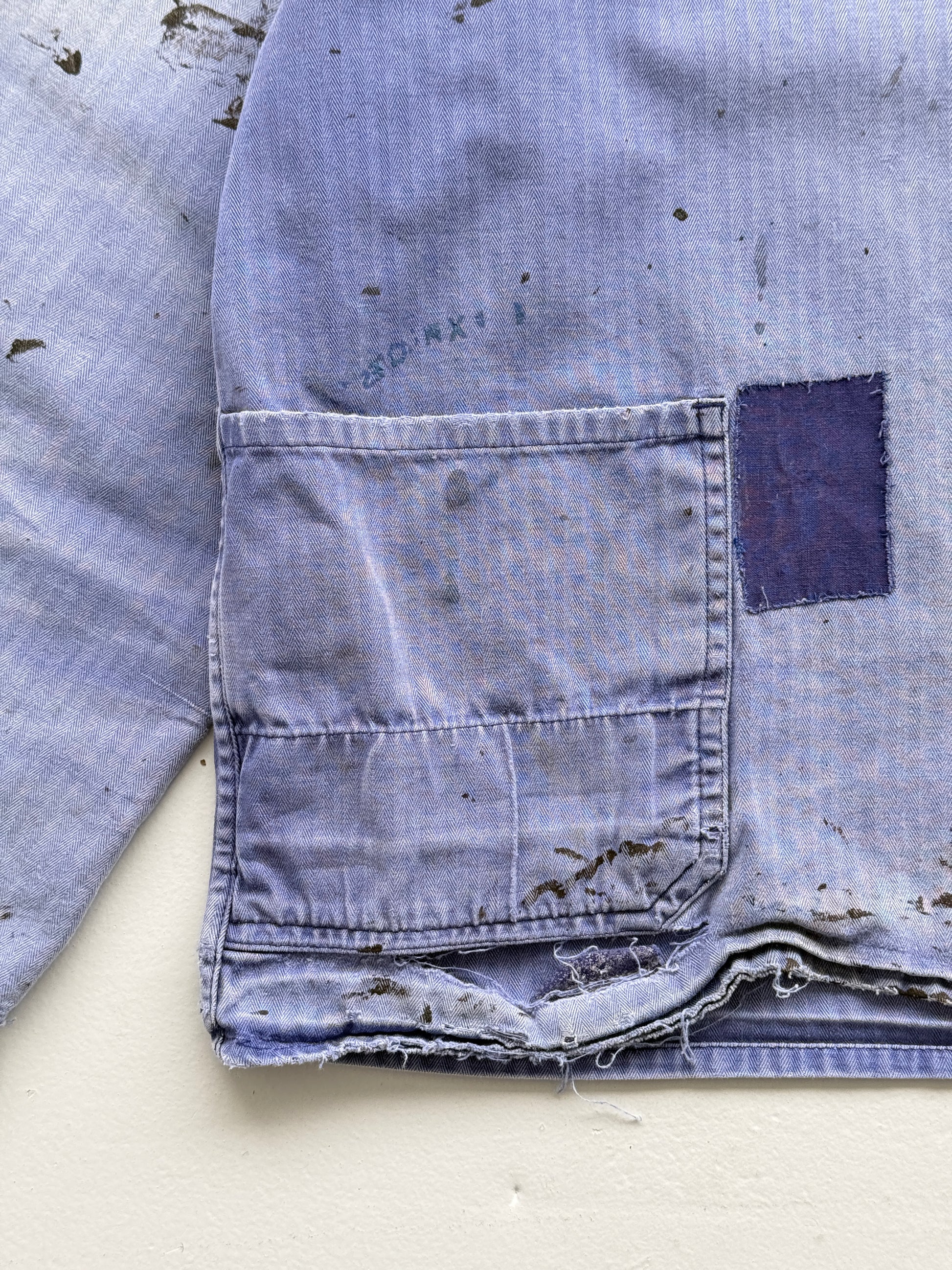 Thrashed Blue Herringbone 60's French Vintage Workwear Chore Jacket CH382 - Smal