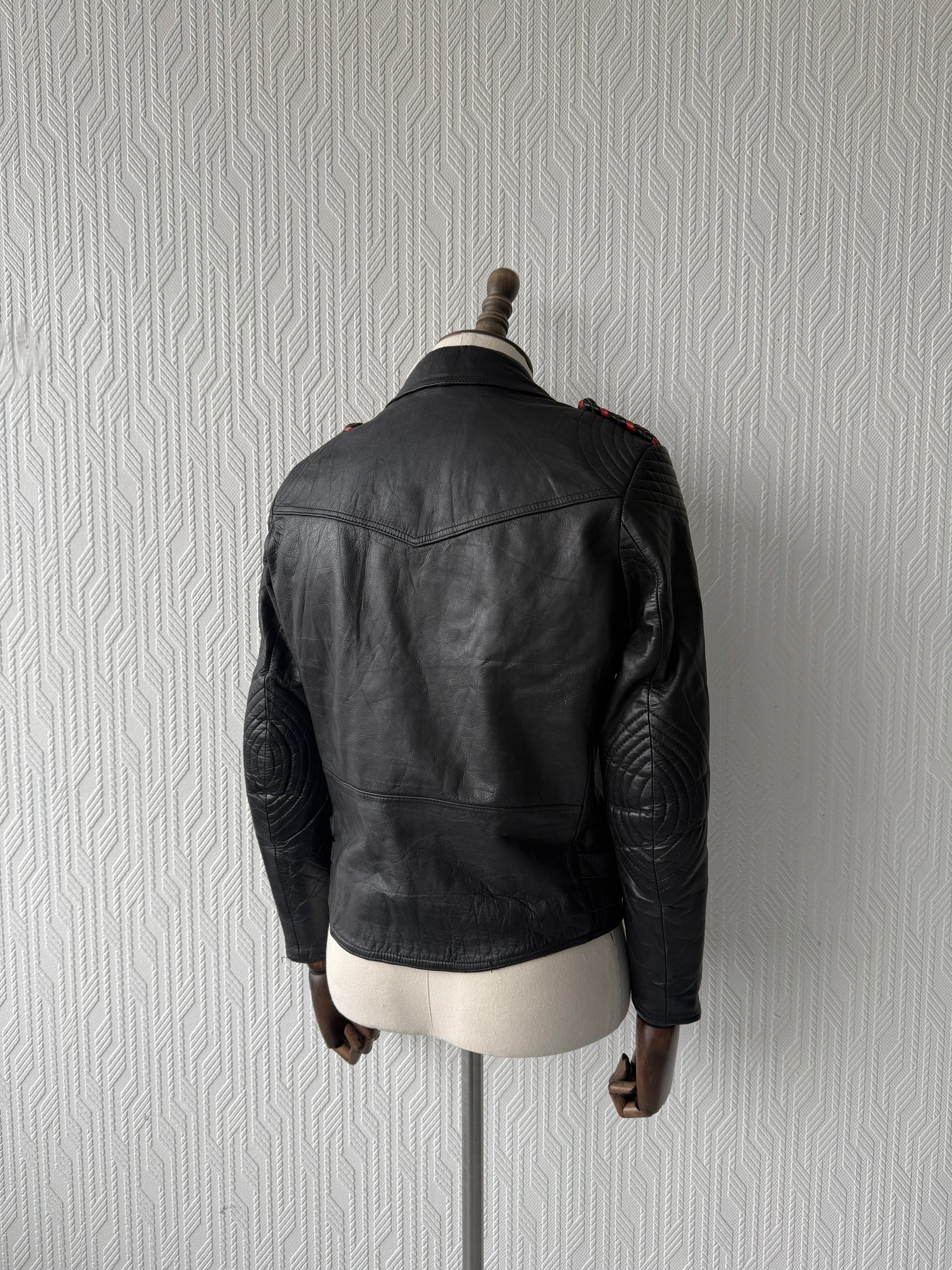 Black & Red 90's Vintage leather Biker Jacket - Mens Small - Womens 10