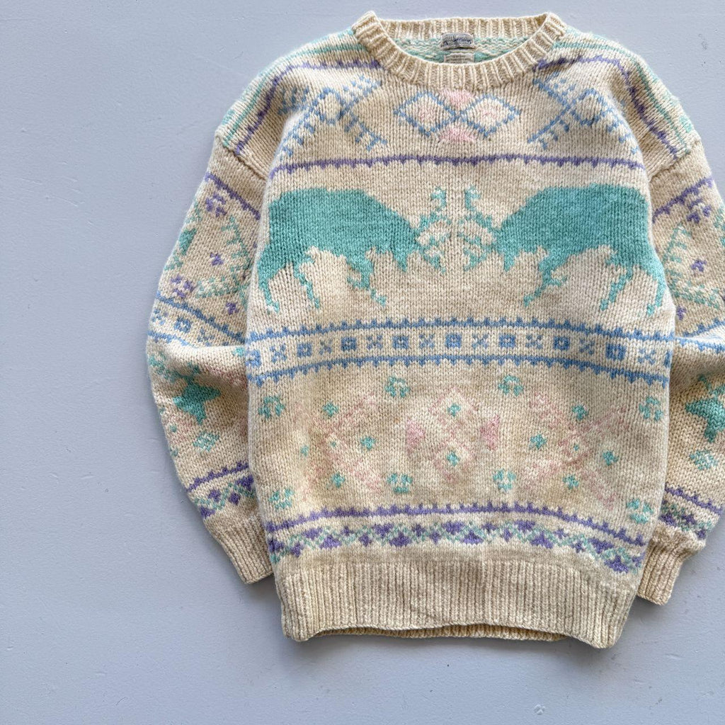 Cream Western Inspired Shetland Heavy Knit 80's Woollen Jumper - Small