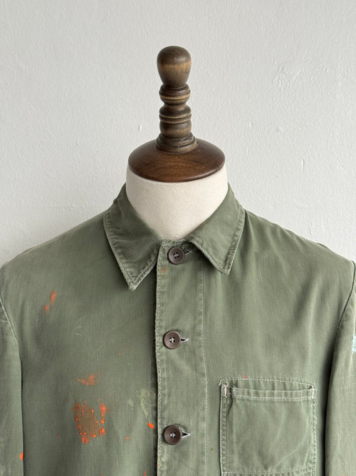 Green French Sashiko Repaired 1950s Vintage Workwear Chore Jacket CH366 - Small