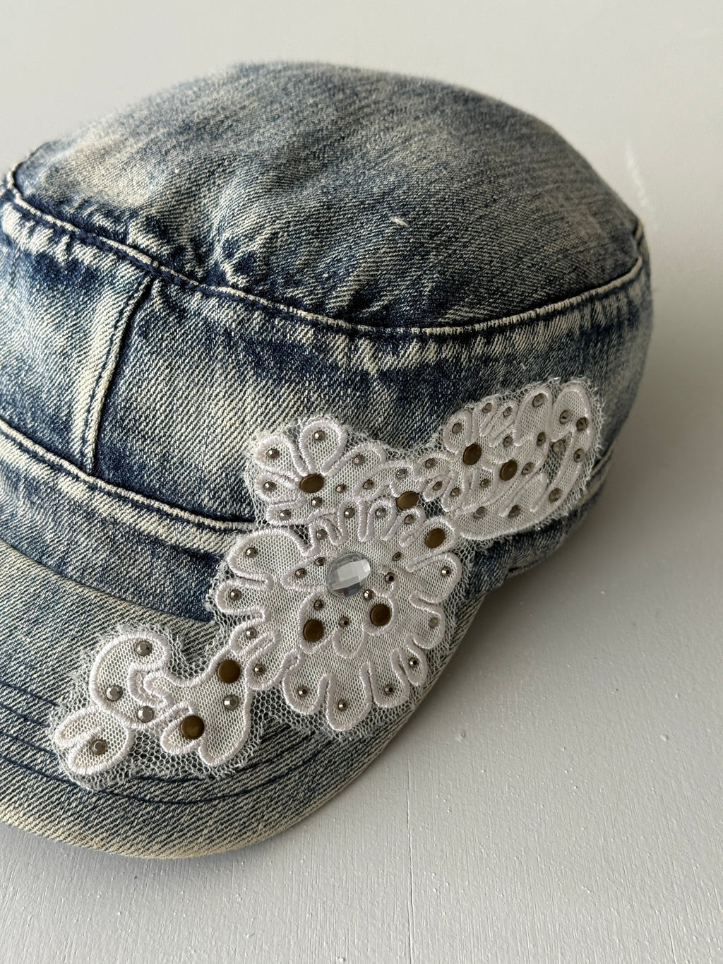 Denim Floral Distressed Y2K Cadet Cap Military Style 00's Grunge Aesthetic