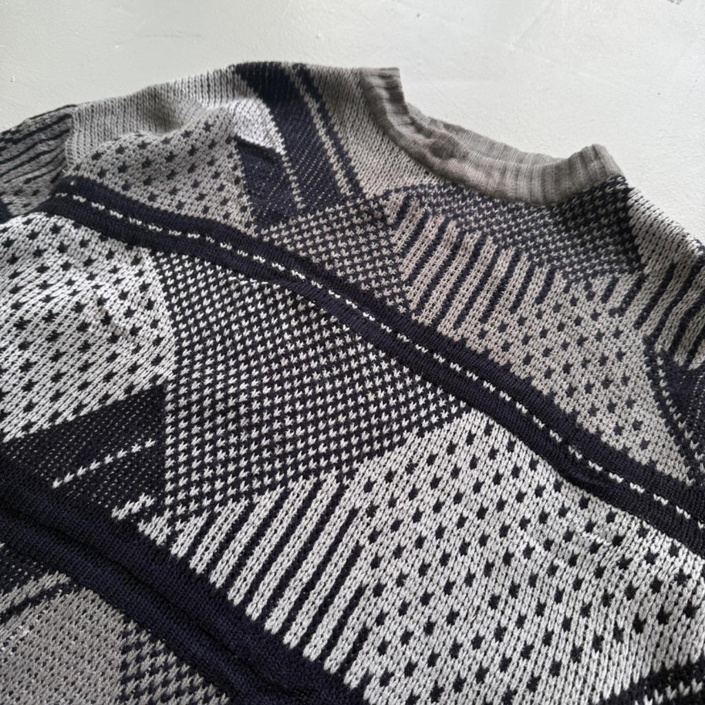Grey Black Patterned 90's Vintage Woollen Knit Jumper - XL
