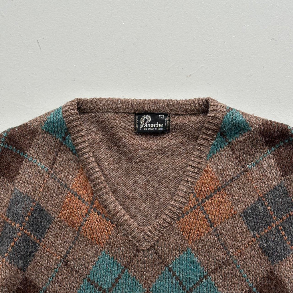 Brown Argyle Panache 90s Vintage Woollen Knit Jumper - Medium