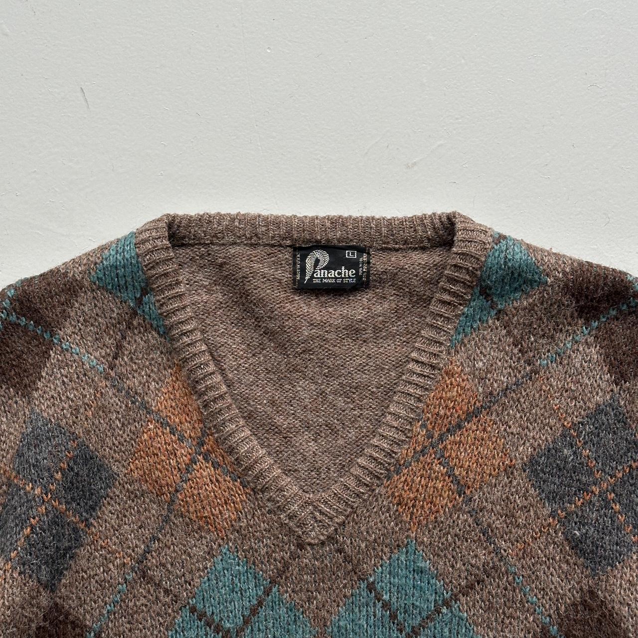 Brown Argyle Panache 90s Vintage Woollen Knit Jumper - Medium