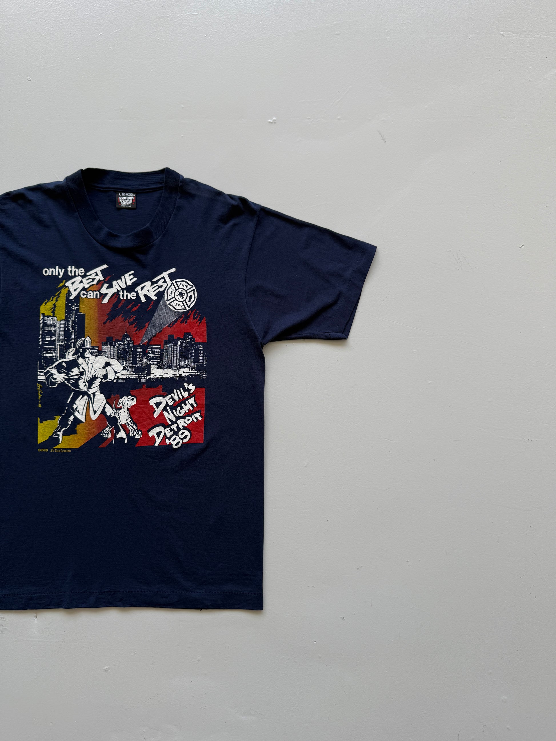 Navy Blue 80's Vintage Single Stitch Firefighter Graphic T-Shirt - Medium