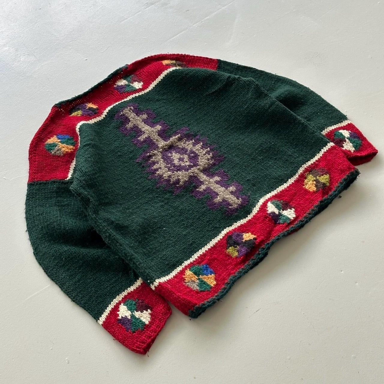 Multicoloured 80s Vintage Quichua Village Woollen Ecuadorian Cardigan - Large