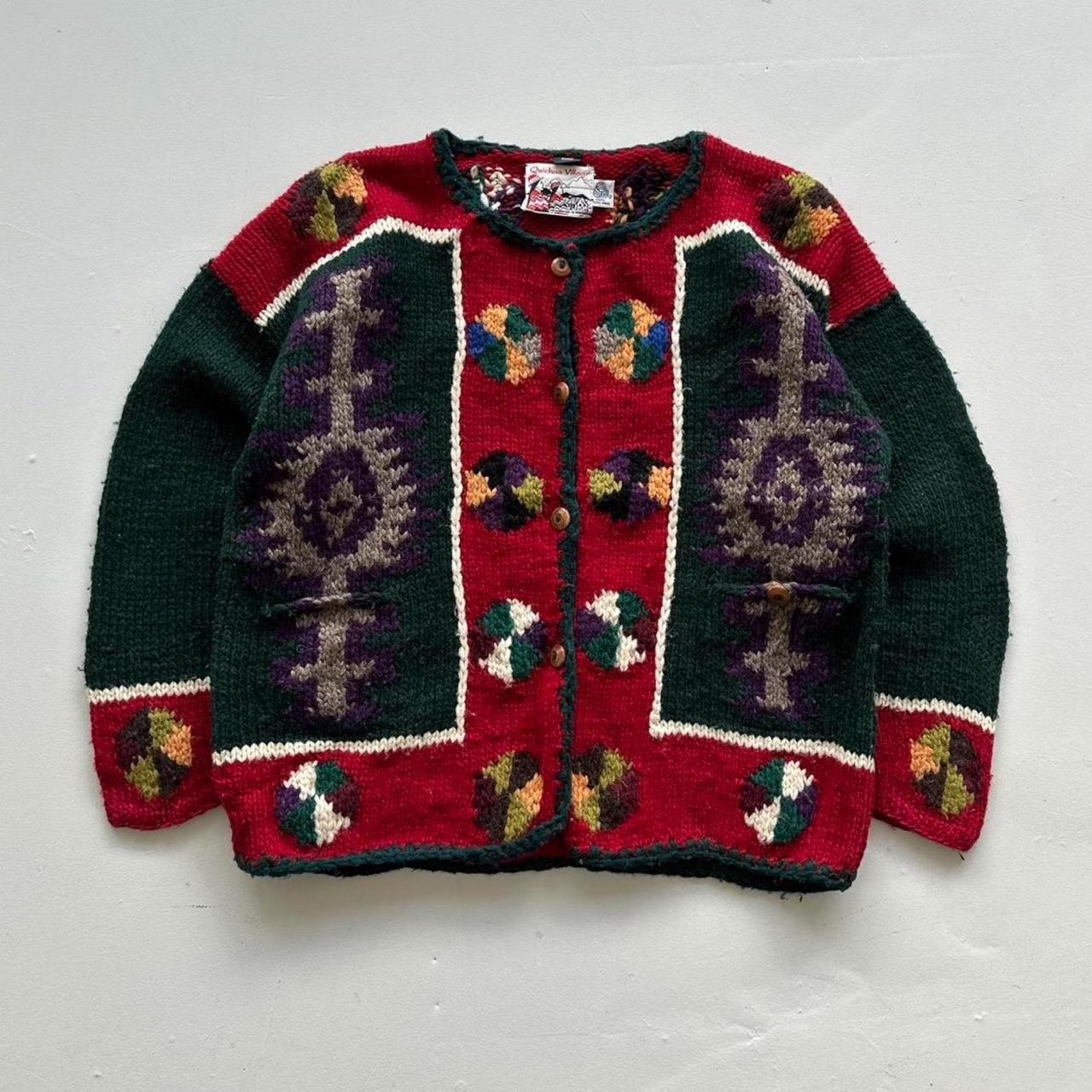 Multicoloured 80s Vintage Quichua Village Woollen Ecuadorian Cardigan - Large