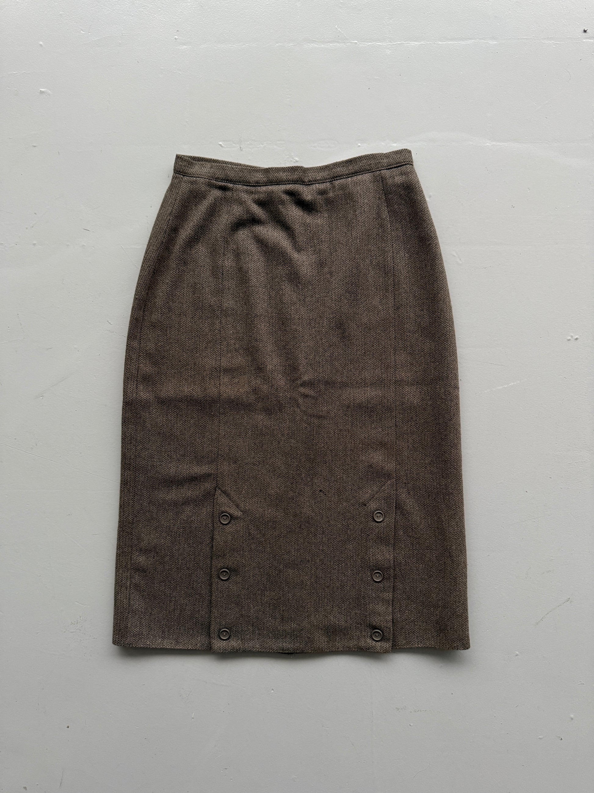 Brown Woollen 80's Vintage Midi High Waisted Pencil Skirt - UK 14
