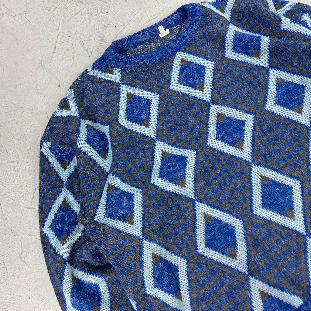 Blue Patterned 80's Knitted Sweatshirt - Medium