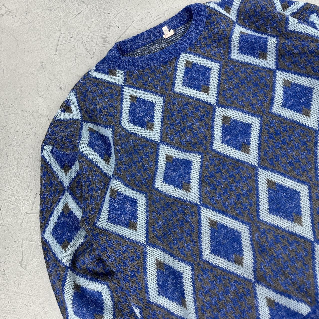 Blue Patterned 80's Knitted Sweatshirt - Medium