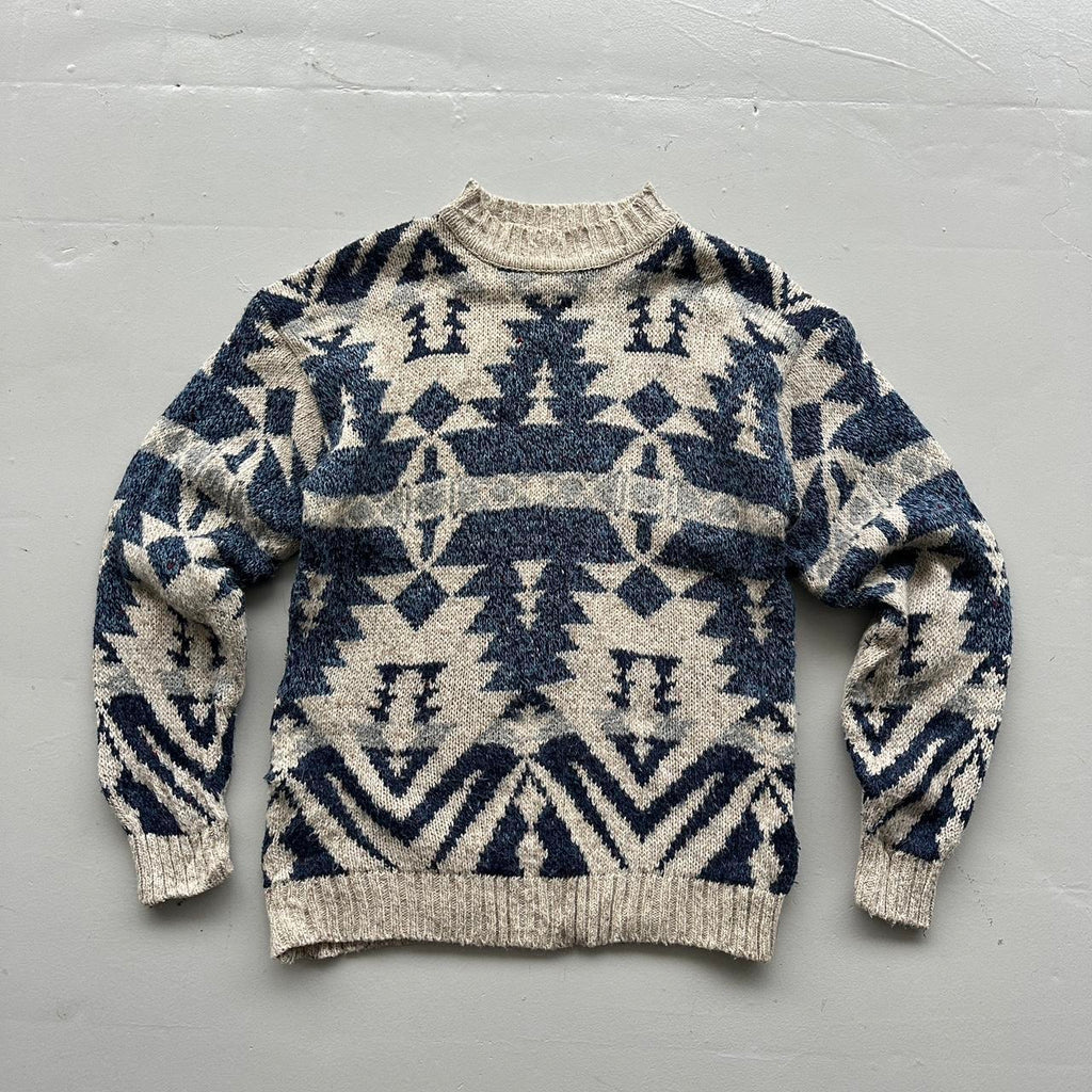 Cream Aztec Patterned 90s Vintage Woollen Knit Jumper - Medium