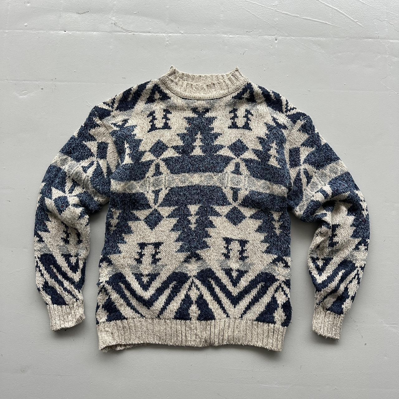 Cream Aztec Patterned 90s Vintage Woollen Knit Jumper - Medium