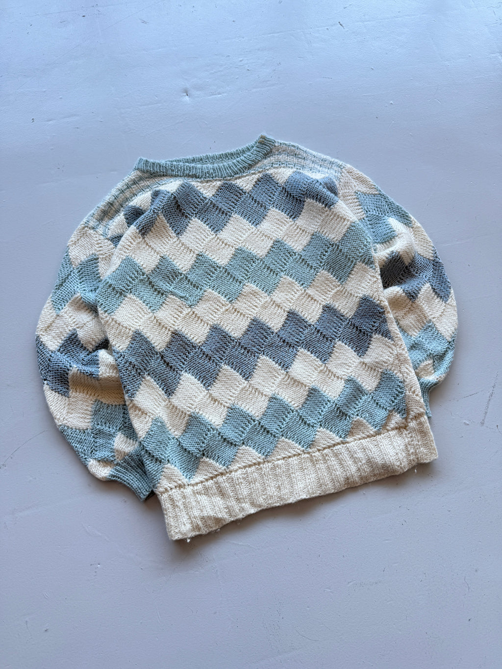 Cream Blue Argyle Knitted Vintage 90's Jumper - Medium