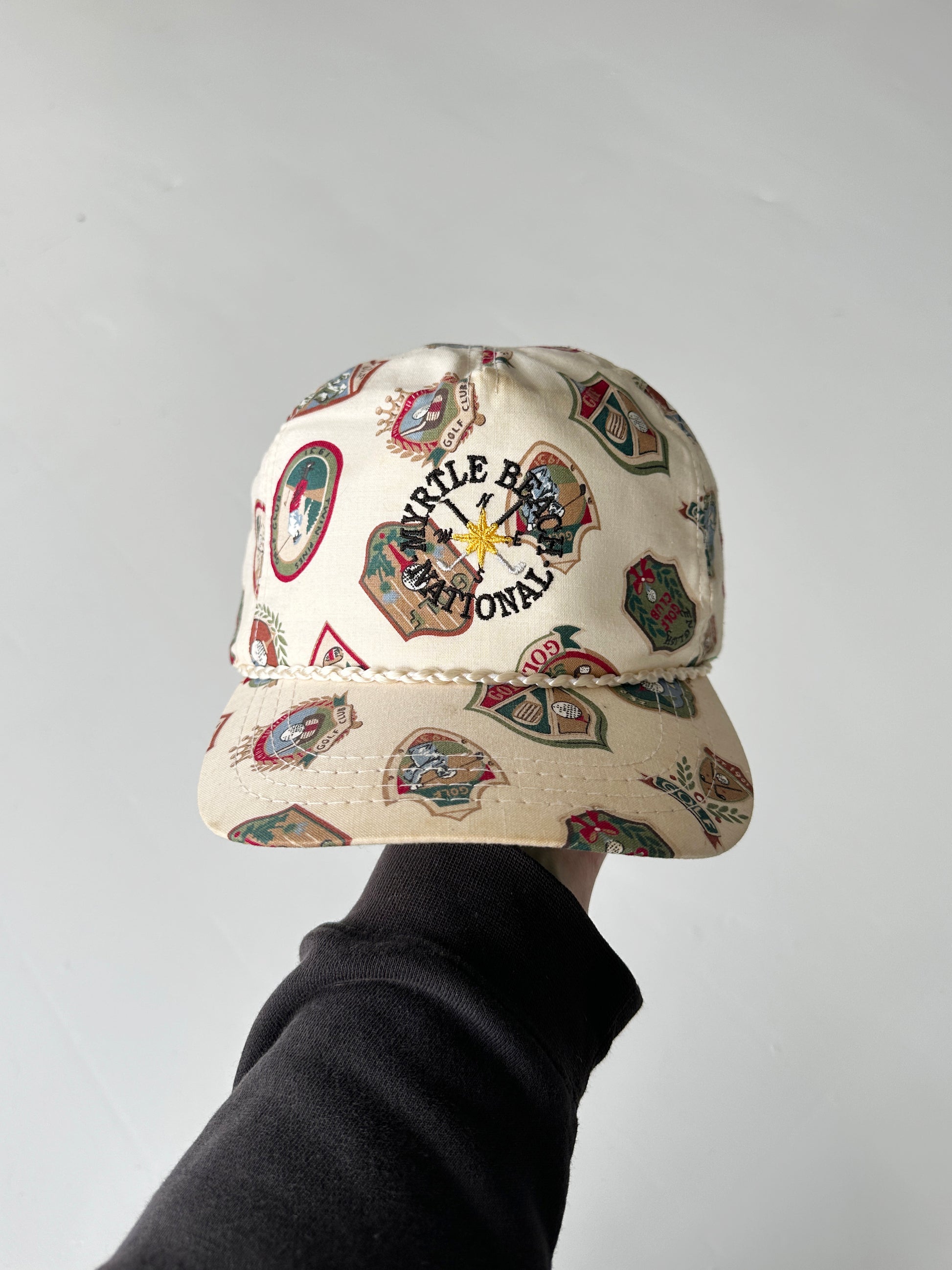 Cream Myrtle Beach Invitational Golf Vintage Leather Strap Trucker Cap