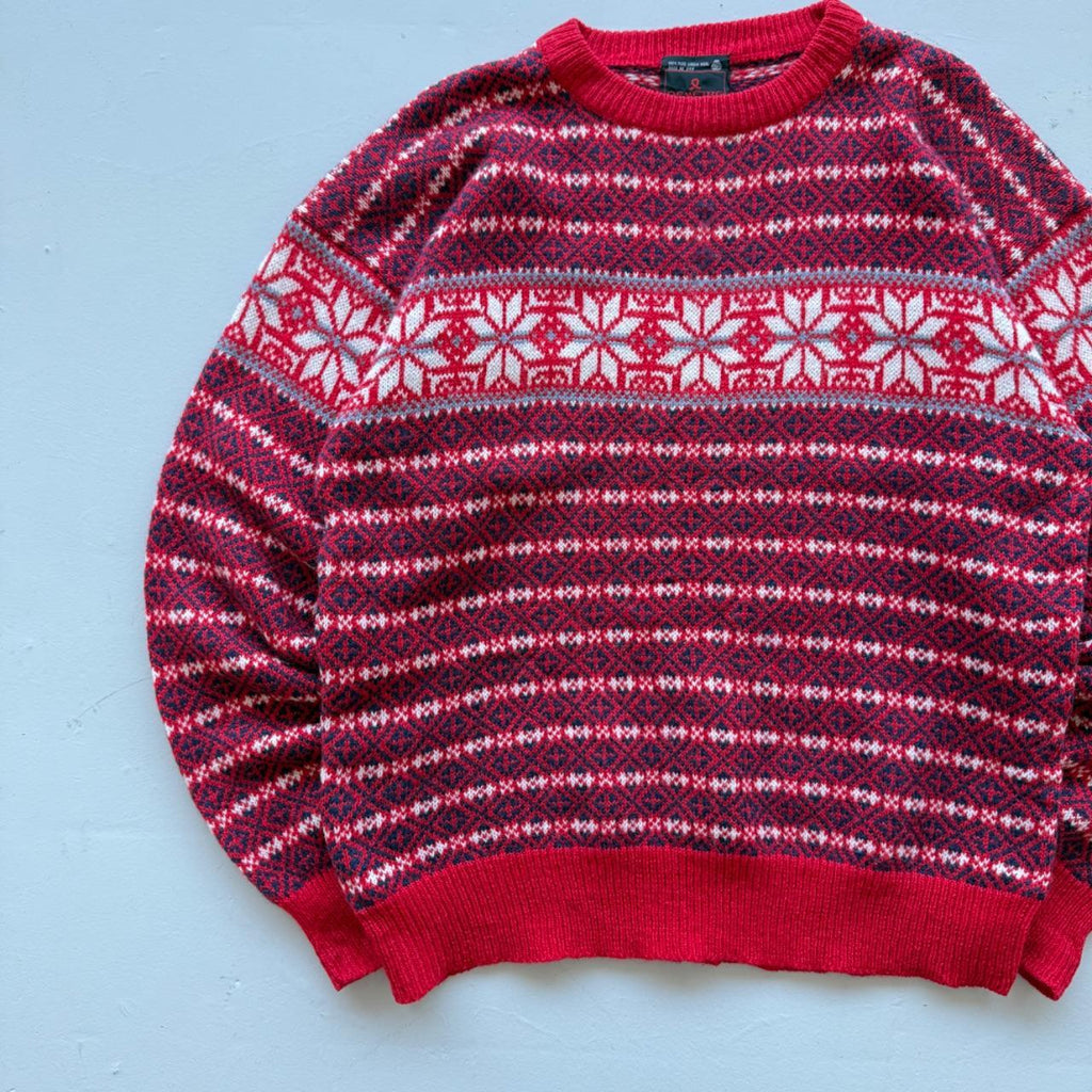 Red Raindeer Woollen 90's Vintage Christmas Pattern Wool Knit Jumper - Large