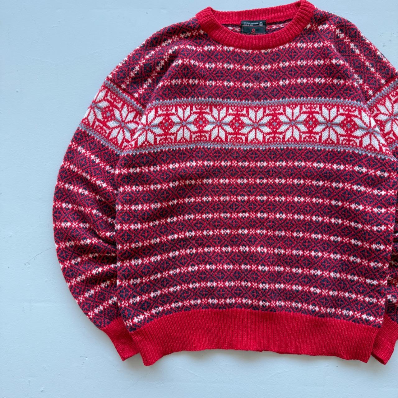 Red Raindeer Woollen 90's Vintage Christmas Pattern Wool Knit Jumper - Large
