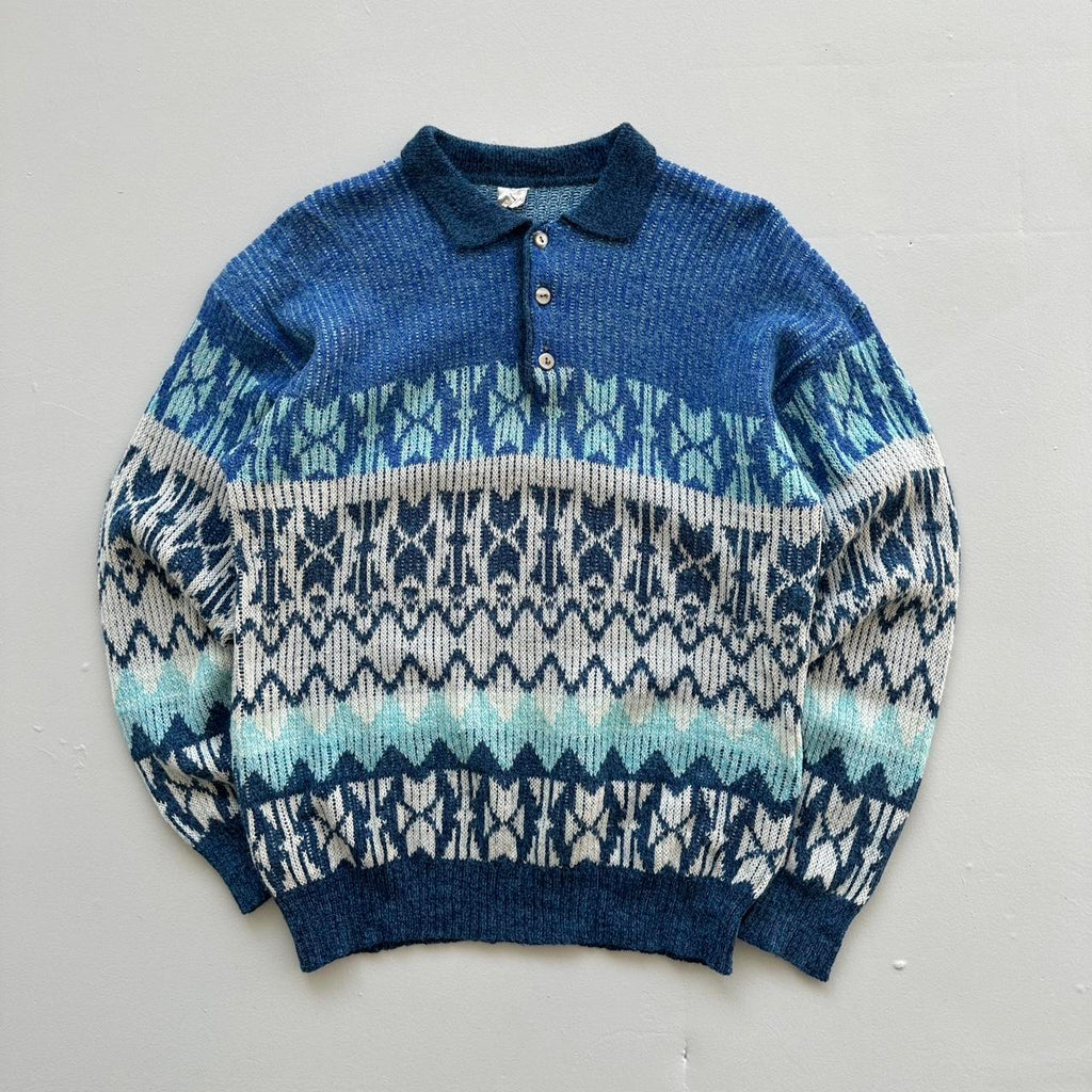 Blue 3D Knit Quarter Collar 90s Knitted Sweatshirt - Large