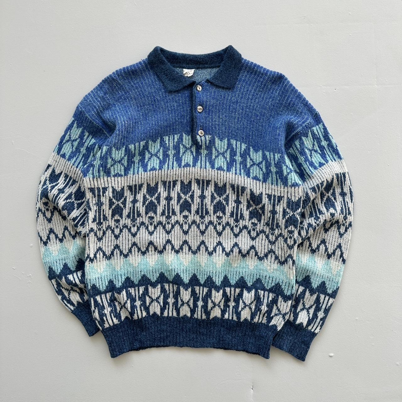 Blue 3D Knit Quarter Collar 90s Knitted Sweatshirt - Large
