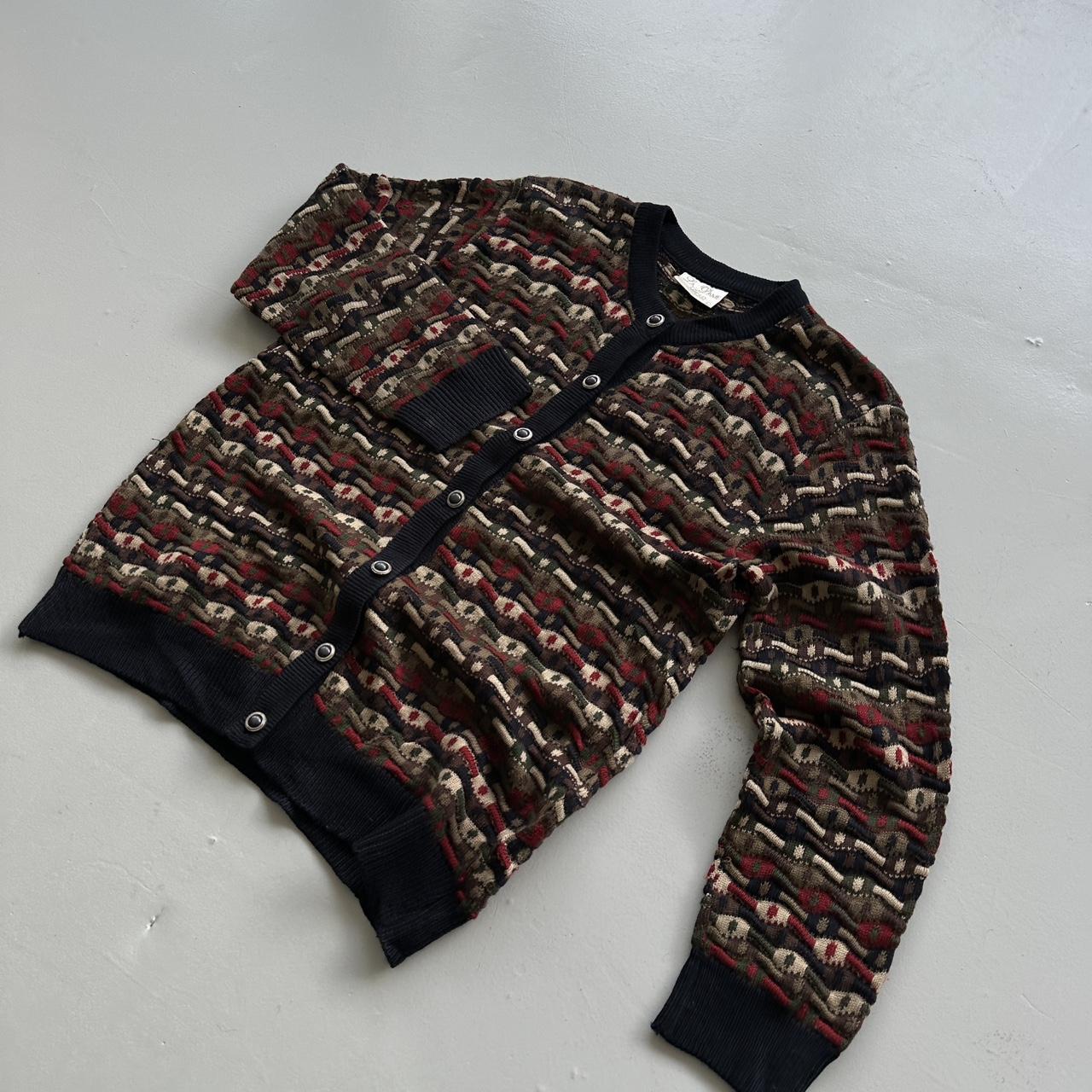Multicoloured 90s Vintage Australian Woollen Pattern 3D Knit Wool Sweatshirt Cardigan- Medium