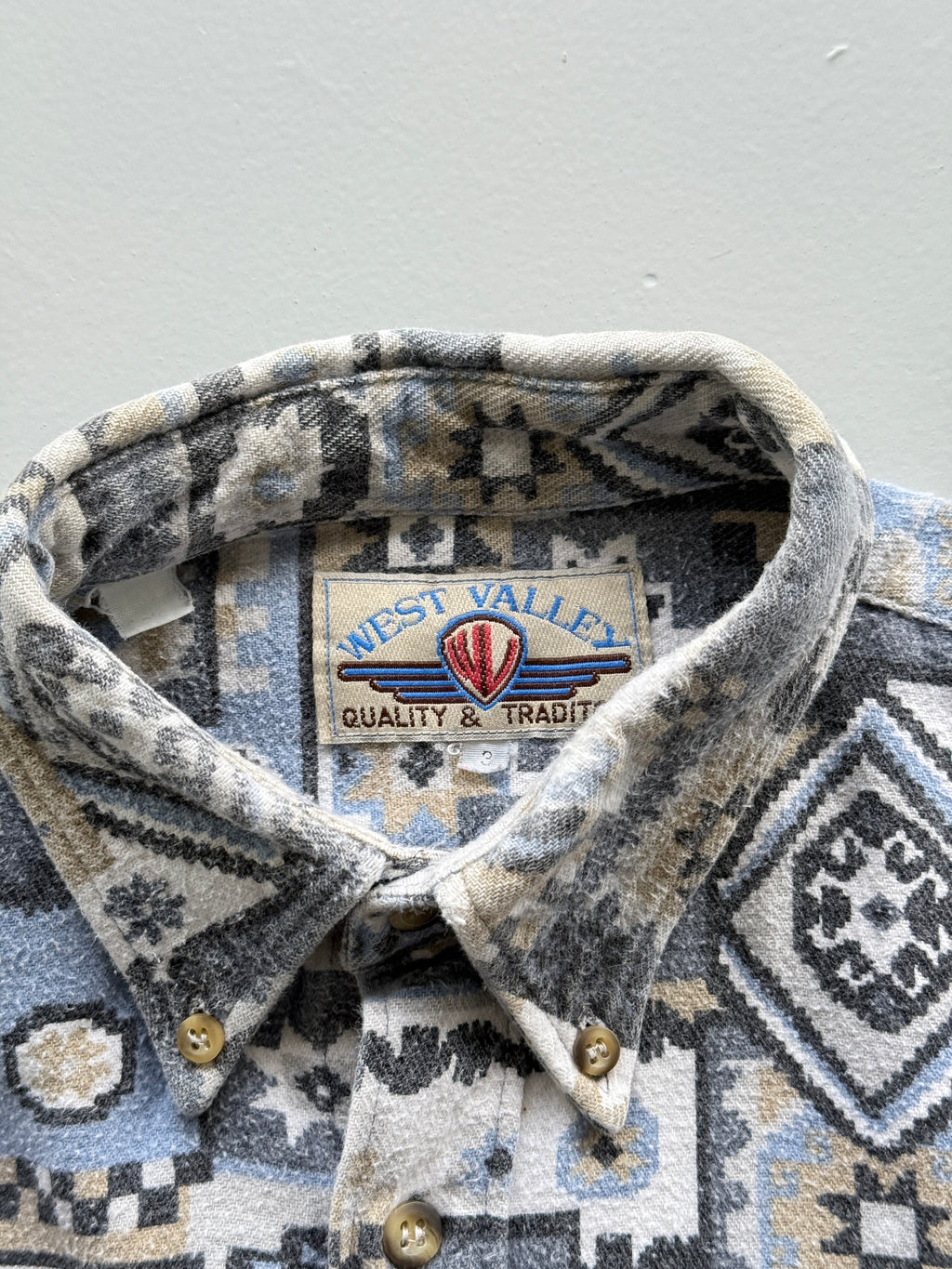 Blue Western Pattern West Valley 90's Vintage Long Sleeve Shirt - Small