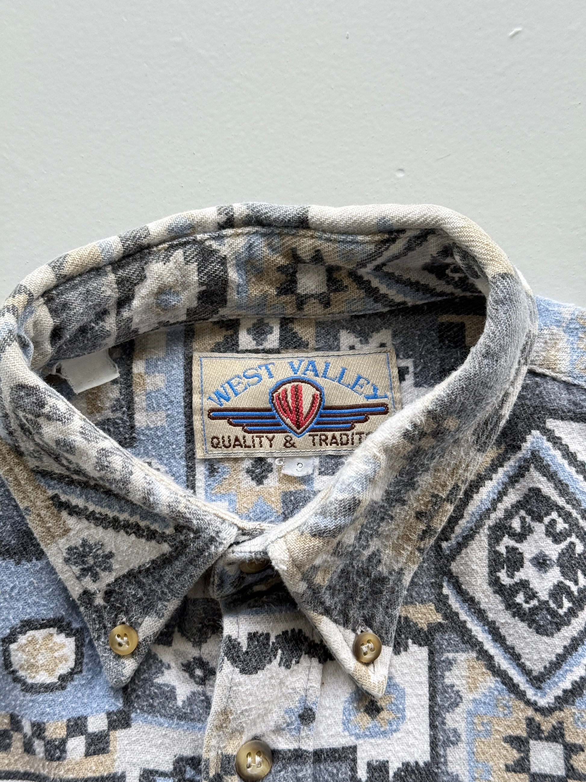 Blue Western Pattern West Valley 90's Vintage Long Sleeve Shirt - Small