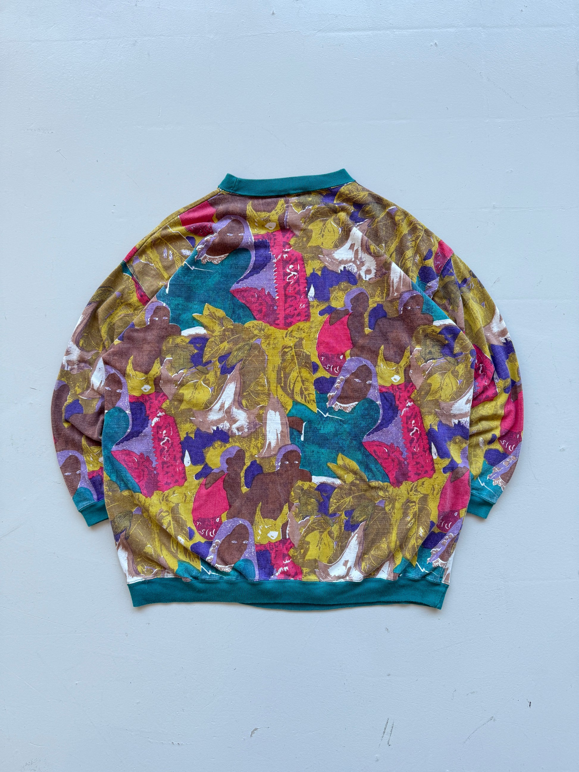 Yellow illustrated 90's Vintage African Women Long Sleeve T-Shirt- Medium