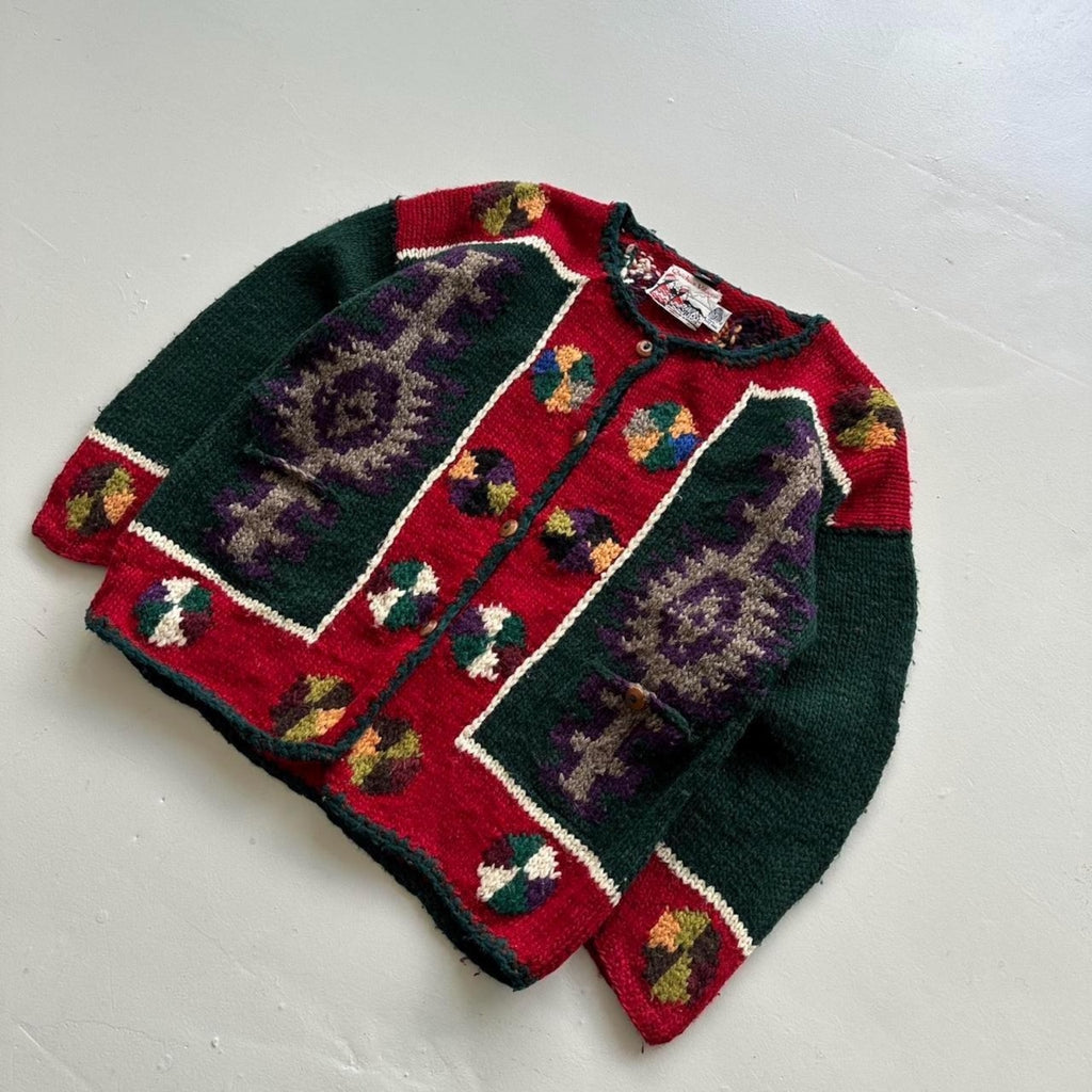 Multicoloured 80s Vintage Quichua Village Woollen Ecuadorian Cardigan - Large