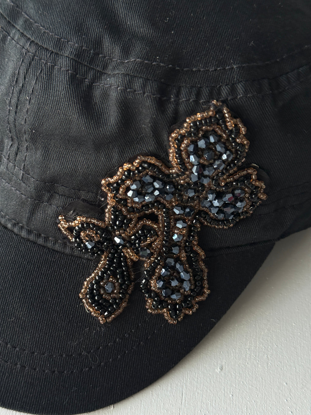 Black Studded Crucifix Y2K Cadet Cap Military Style 00's Grunge Aesthetic