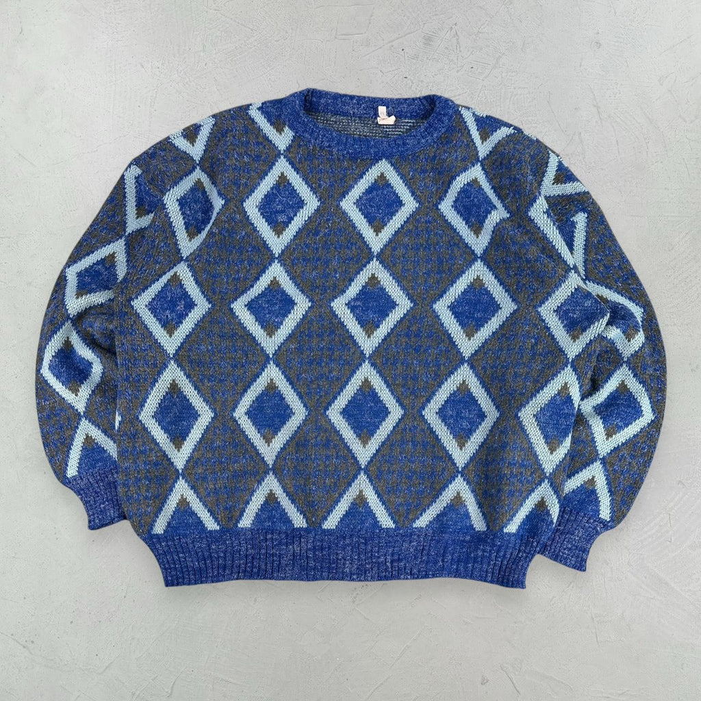 Blue Patterned 80's Knitted Sweatshirt - Medium