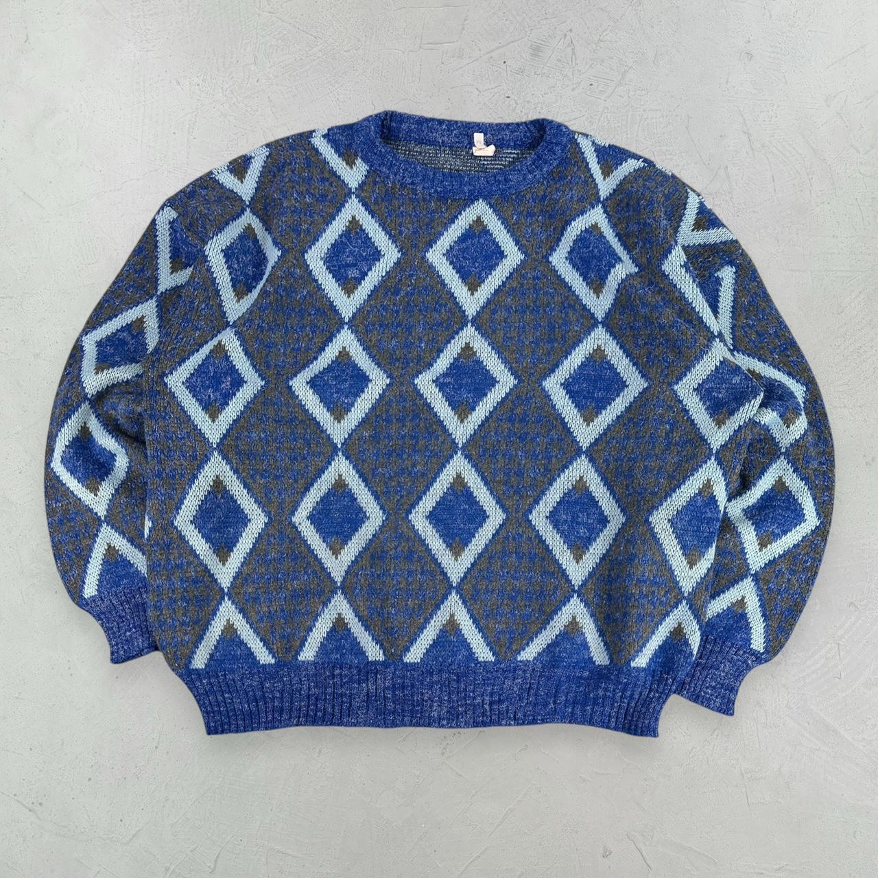 Blue Patterned 80's Knitted Sweatshirt - Medium