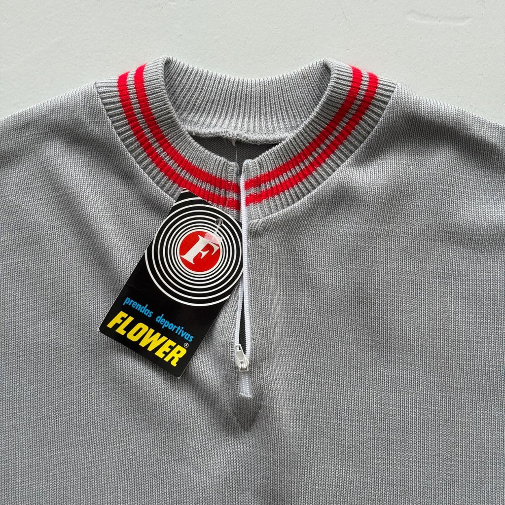 Grey Striped Flower 80's Deadstock Knit Cycling Jersey - XS